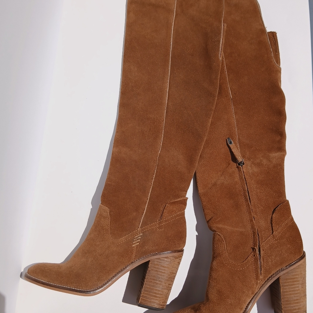 Brown Suede Knee-High Heeled Boots
